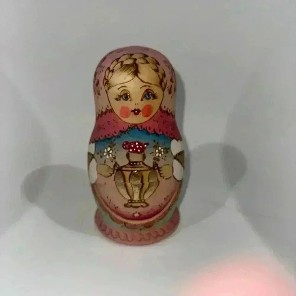 Russian Nesting Dolls Ceprueb Nocag 5 Piece Signed by Artist Vintage / Pink Blue - Picture 9 of 10